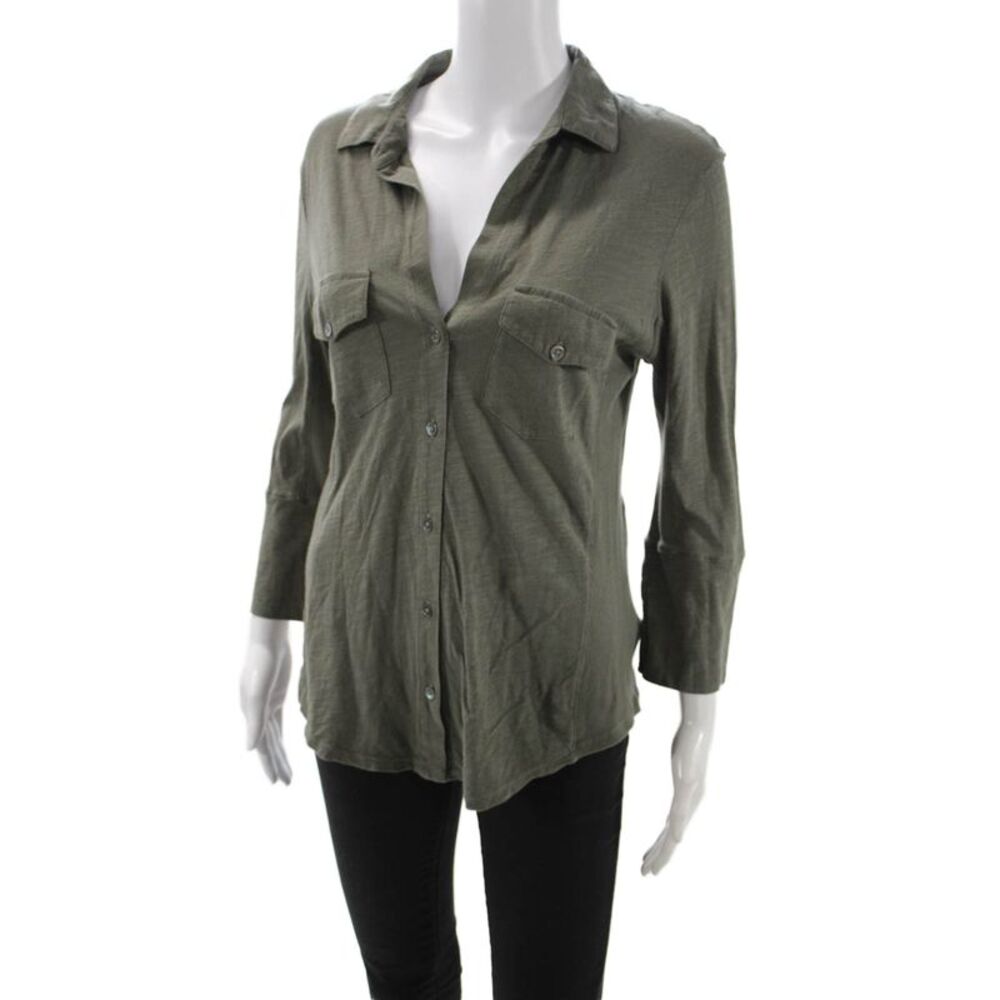 Standard James Perse Womens Green Cotton Collared Button-Up 3/4 Sleeve Size 3 - Picture 2 of 6